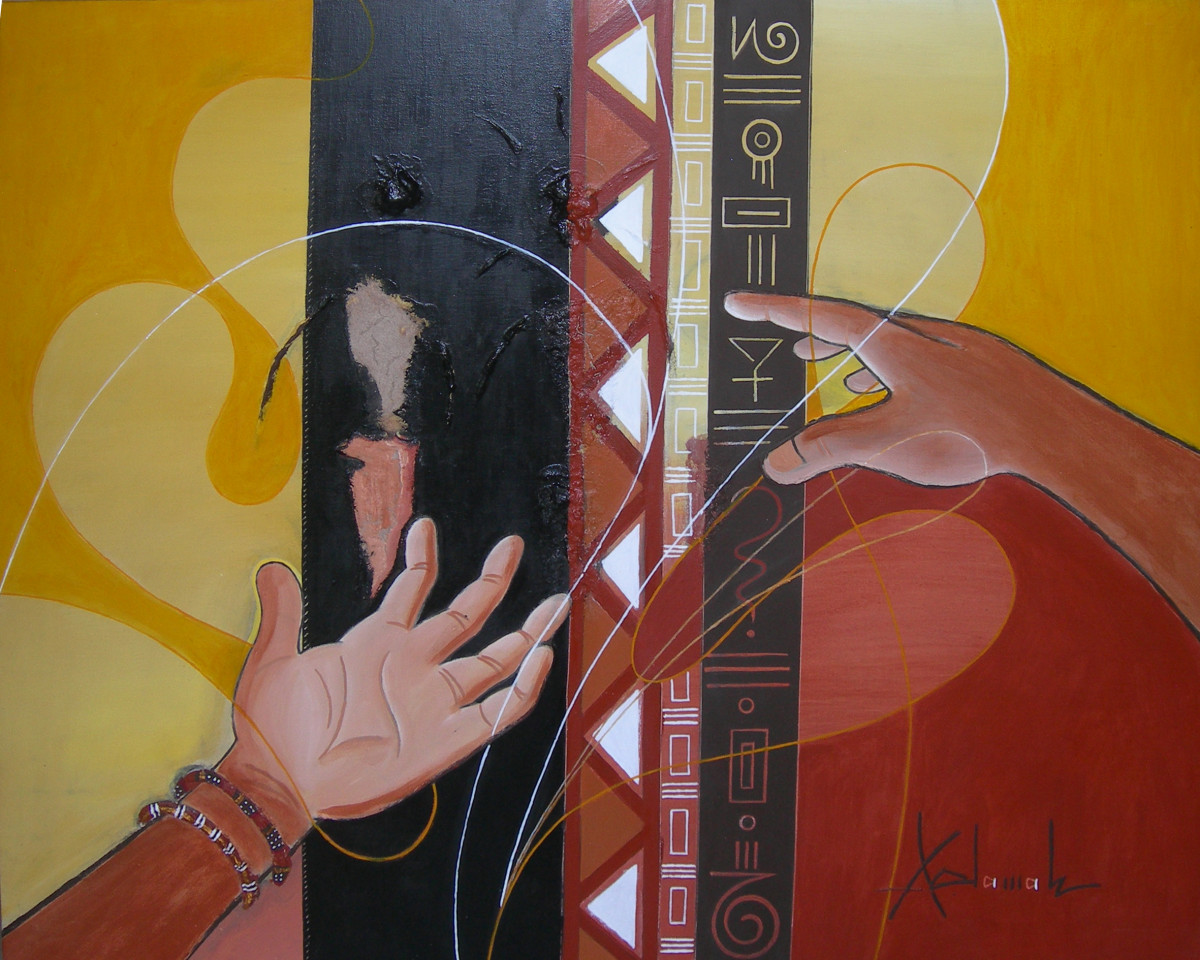 Adamah: Et si... Akryyli ja lanka kankaalle. 100 x 180 cm. 2010.