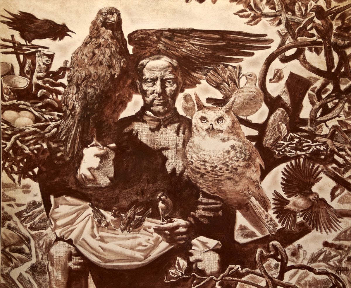 Aleksandr Novoselov: Ihminen ja linnut. Seepia paperille. 96,5 х 90,5 cm. 2013.